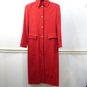 Vintage ELLEN TRACY Women's Red 100% Wool Outer Long Coat Sz 8 Gold Buttons
